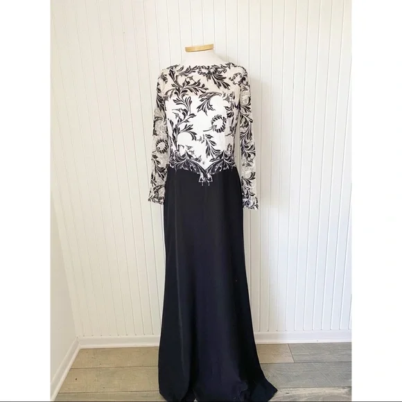 Tadashi Shoji Womens Mixed Media Embroidered Evening Dress Black-White